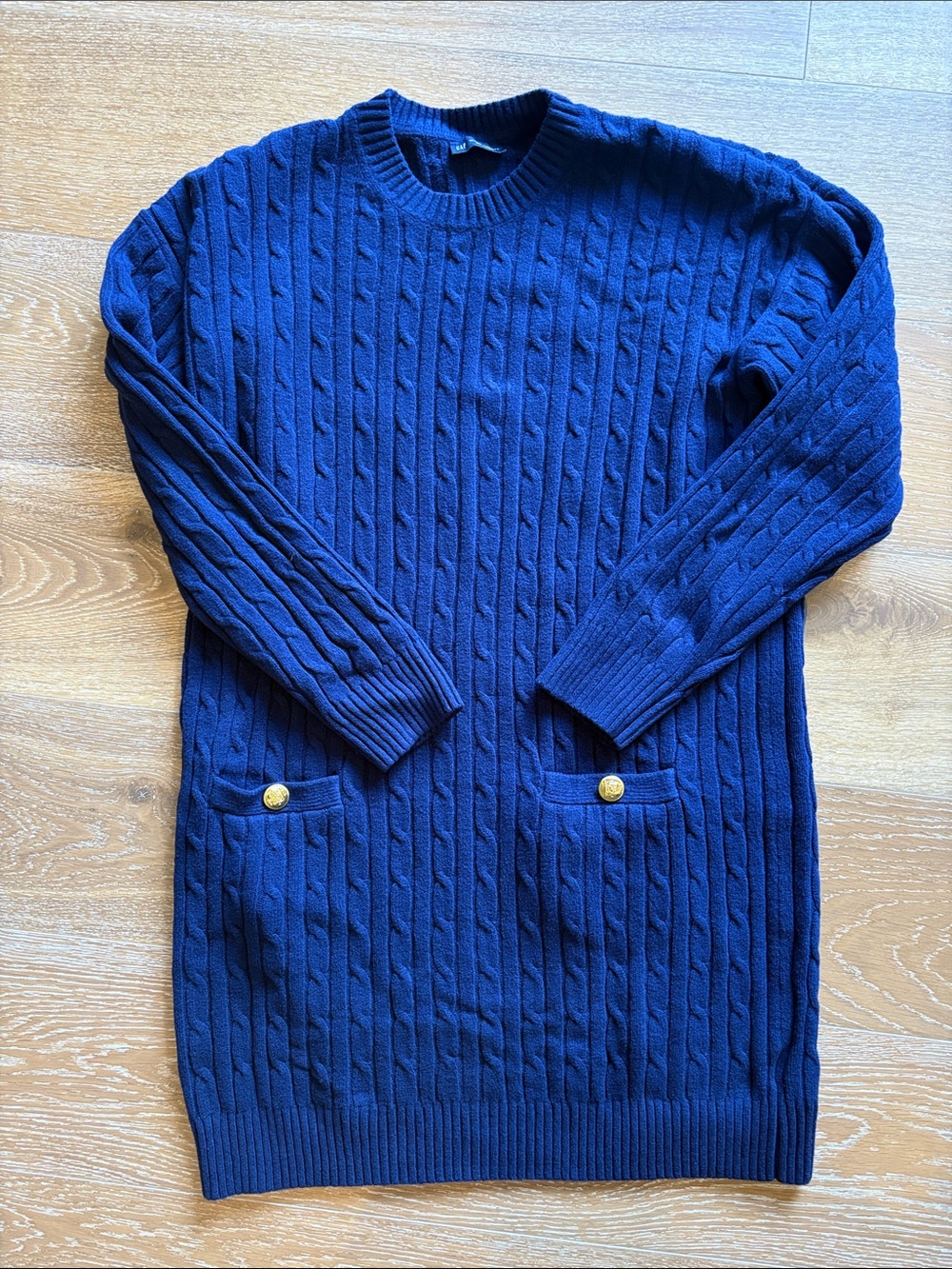 Navy Cable-Knit Crewneck dress with Pocket Detail